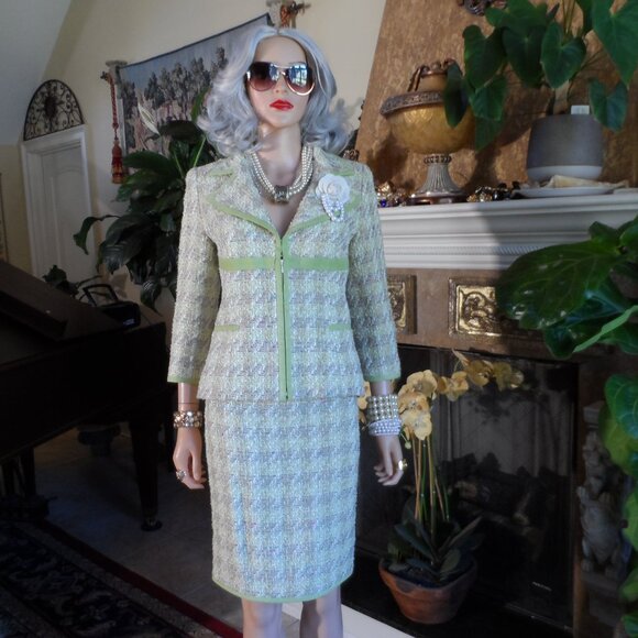 Douglas Hannant Light Green Houndstooth PatternTweed Skirt Suit Size 6 - Picture 2 of 16